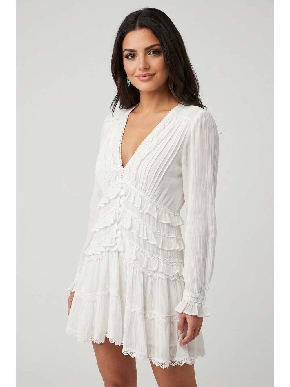 AllSaints White Tiered Ruffle Mini Dress with Lace Trim, Size 4, New With Tags
